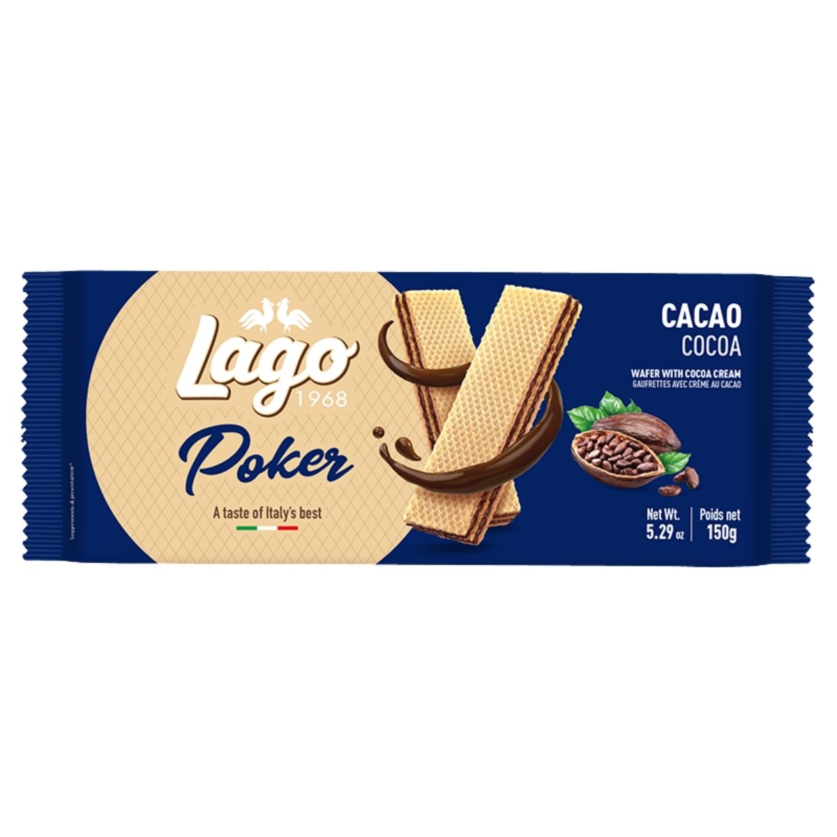 Lago Poker Cacao wafer 150g bar packaging on a white background