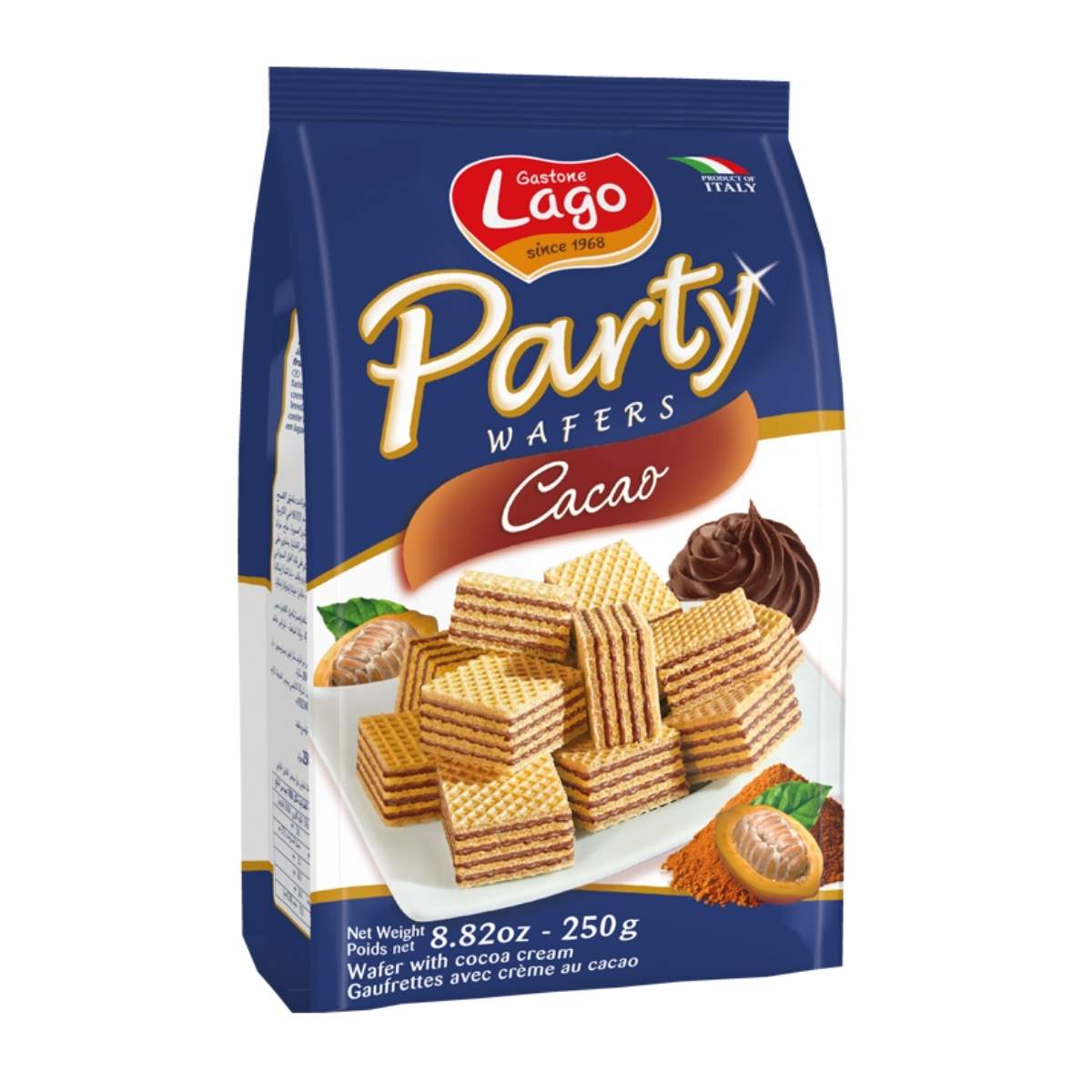 The packaging for Lago - Cocoa Cream Wafers - 250g highlights creamy cocoa cream-filled wafers, featuring an image of chocolate layers and cocoa cream embellishments.