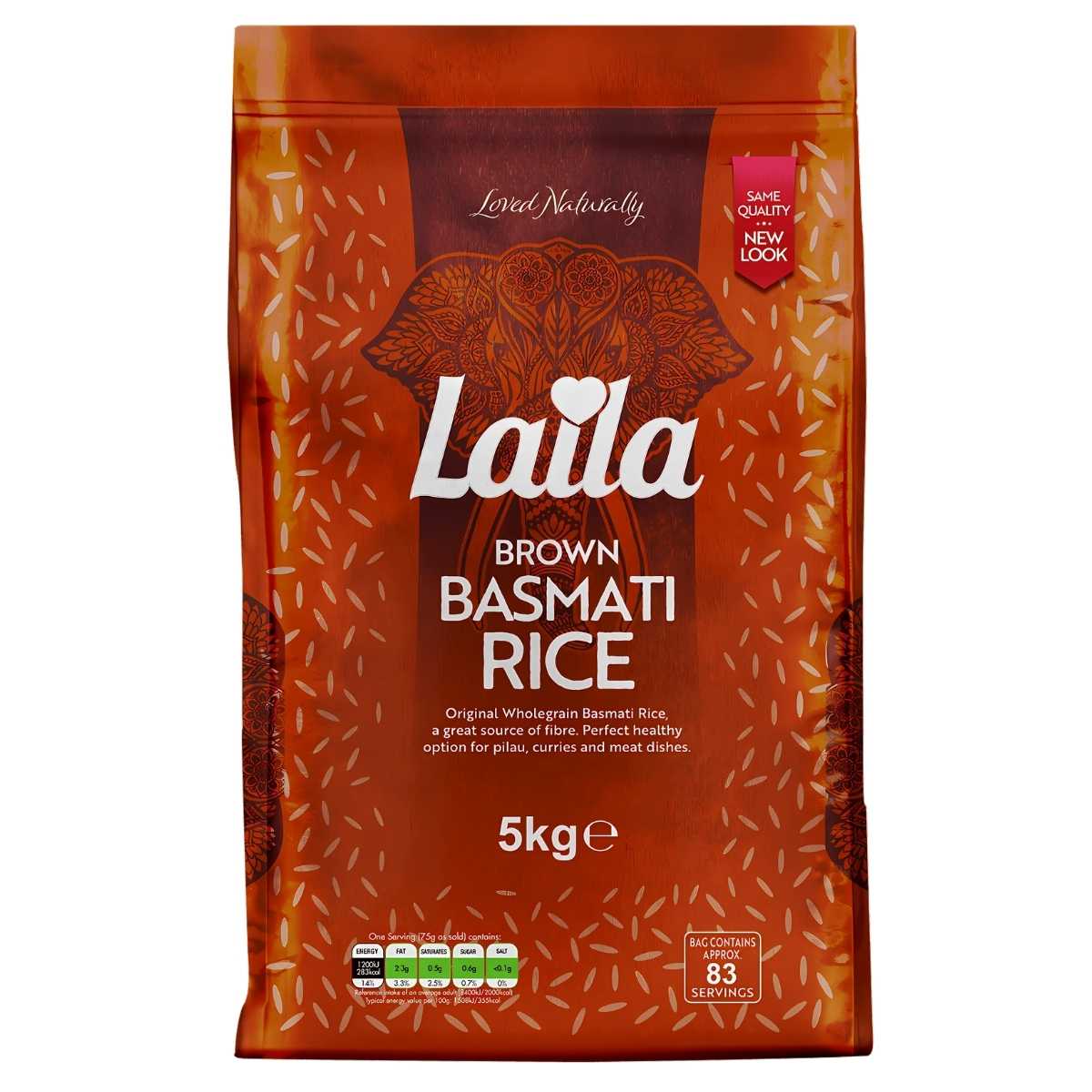 The 5kg bag of Laila Brown Basmati Rice, with its orange packaging and decorative patterns, promises a healthier twist to meals and is highlighted as a flavorful adventure perfect for various dishes.