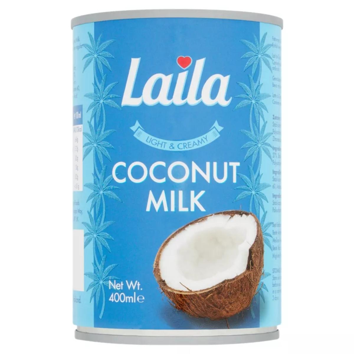 A can of Laila coconut milk with a blue label displaying an image of a split coconut, palm tree illustrations, and text stating "Net Wt. 470g.