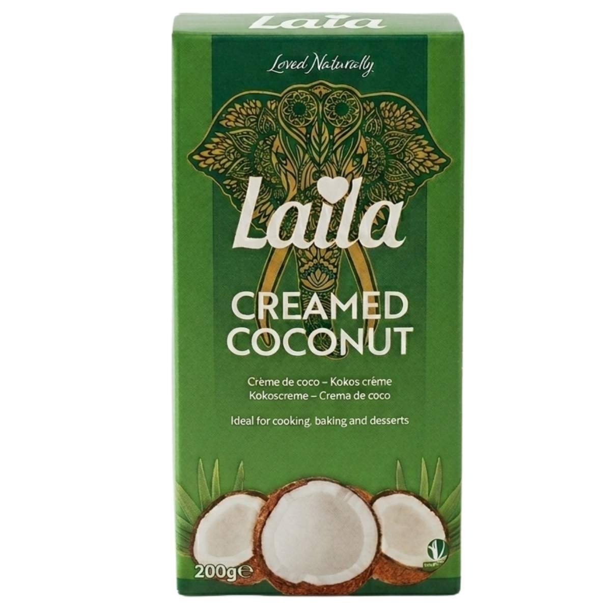 Green box of Laila 200g creamed coconut on a white background