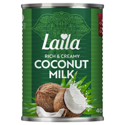 Can of Laila coconut milk 400ml with green label and coconuts on a white background