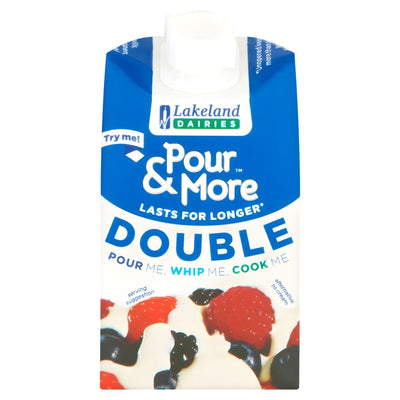 Lakeland Dairies - Pour & More Double Cream 250ml, in blue and white packaging with a berry and cream image on the front.