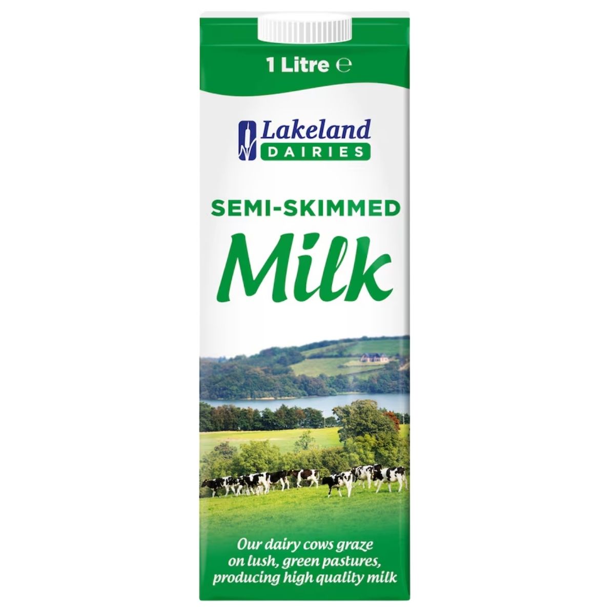 Lakeland Dairies Semi Skimmed Long Life UHT Milk 1L in a green and white carton features a pasture scene with cows and product info. Source of calcium.