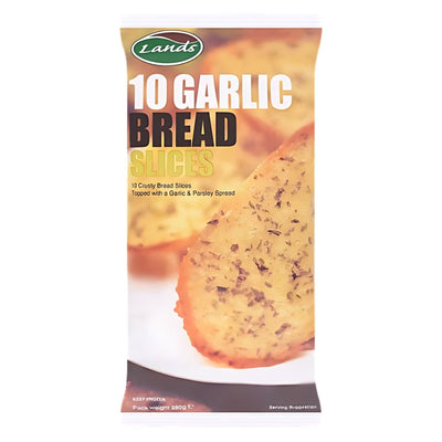 A pack of Lands - 10 Garlic Bread Slices - 280g showcases crusty, seasoned bread topped with garlic and parsley on the front—ideal for bringing a hint of luxury to any meal.