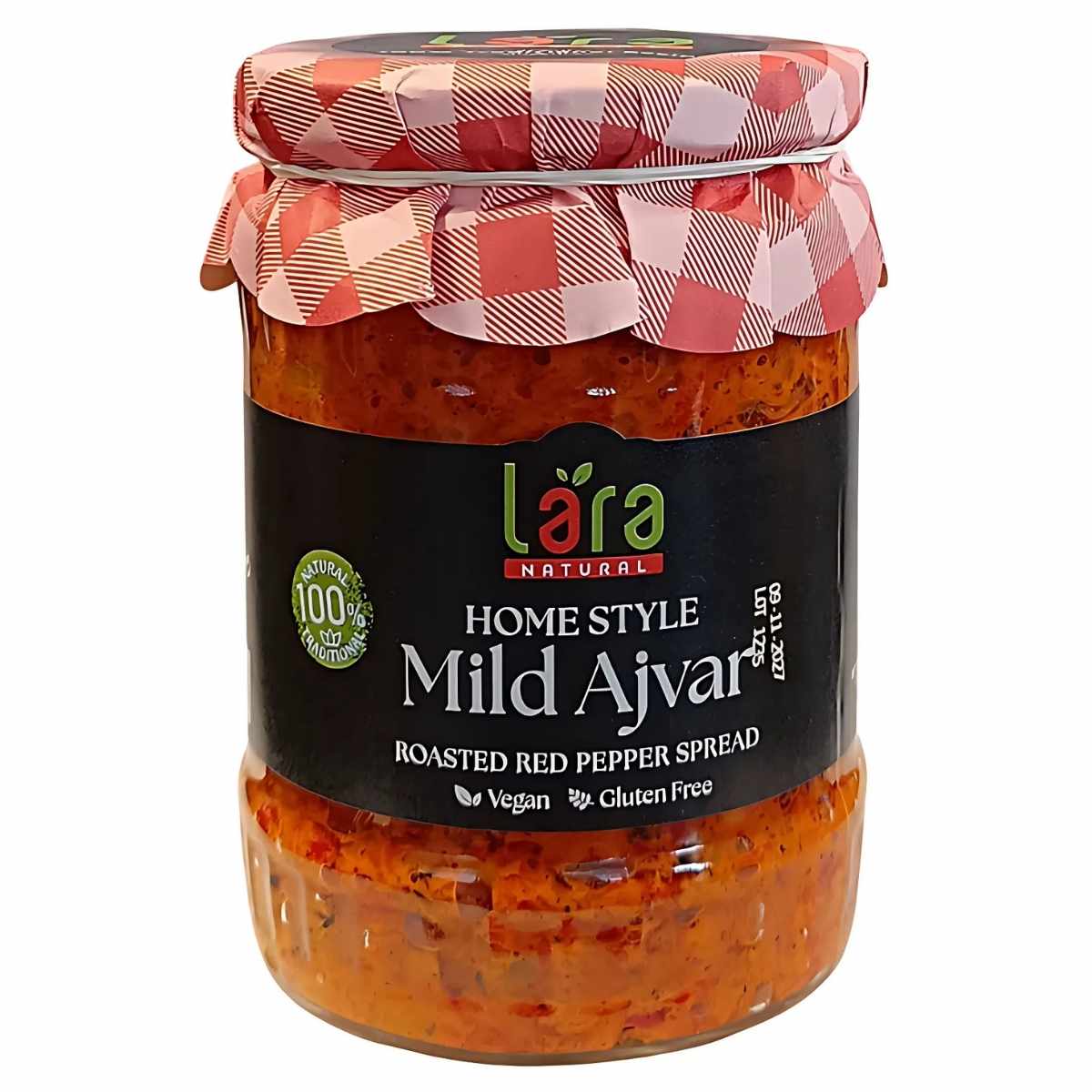 Jar of Lara - Home Style Mild Ajvar, 550g, with a red checkered lid. The labels present this roasted red pepper spread as vegan, gluten-free, and 100% natural.