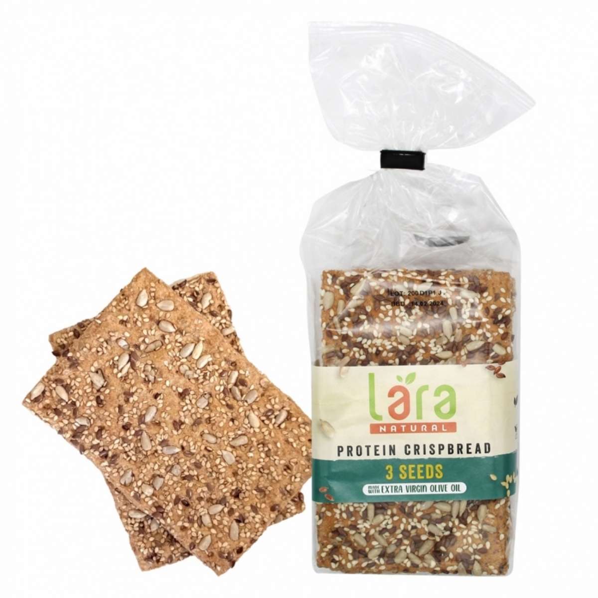 Lara Natural Crispbread Protein & 3 Seeds - 200g package displayed alongside two crispbread pieces, showcasing an assortment of seeds, all encased in clear plastic wrap.