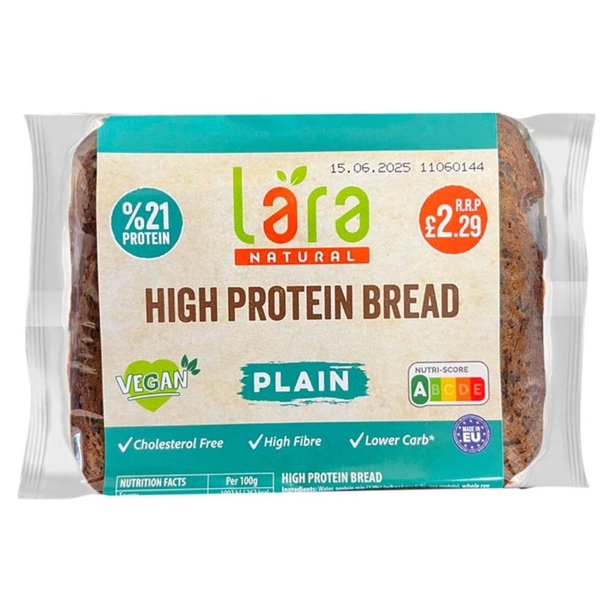 Packaging of Lara Natural High Protein Bread, 250g, featuring nutrition labels, a price tag, and descriptors such as vegan and cholesterol-free.