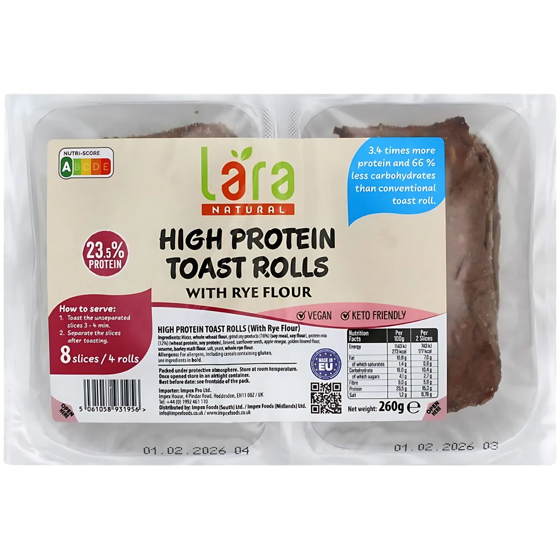 Lara - Natural High Protein Toast Rolls - 260g: made with rye flour, features 23.5% natural protein, vegan and keto friendly. Each pack includes 8 slices—an ideal healthy snack option for any time of day.