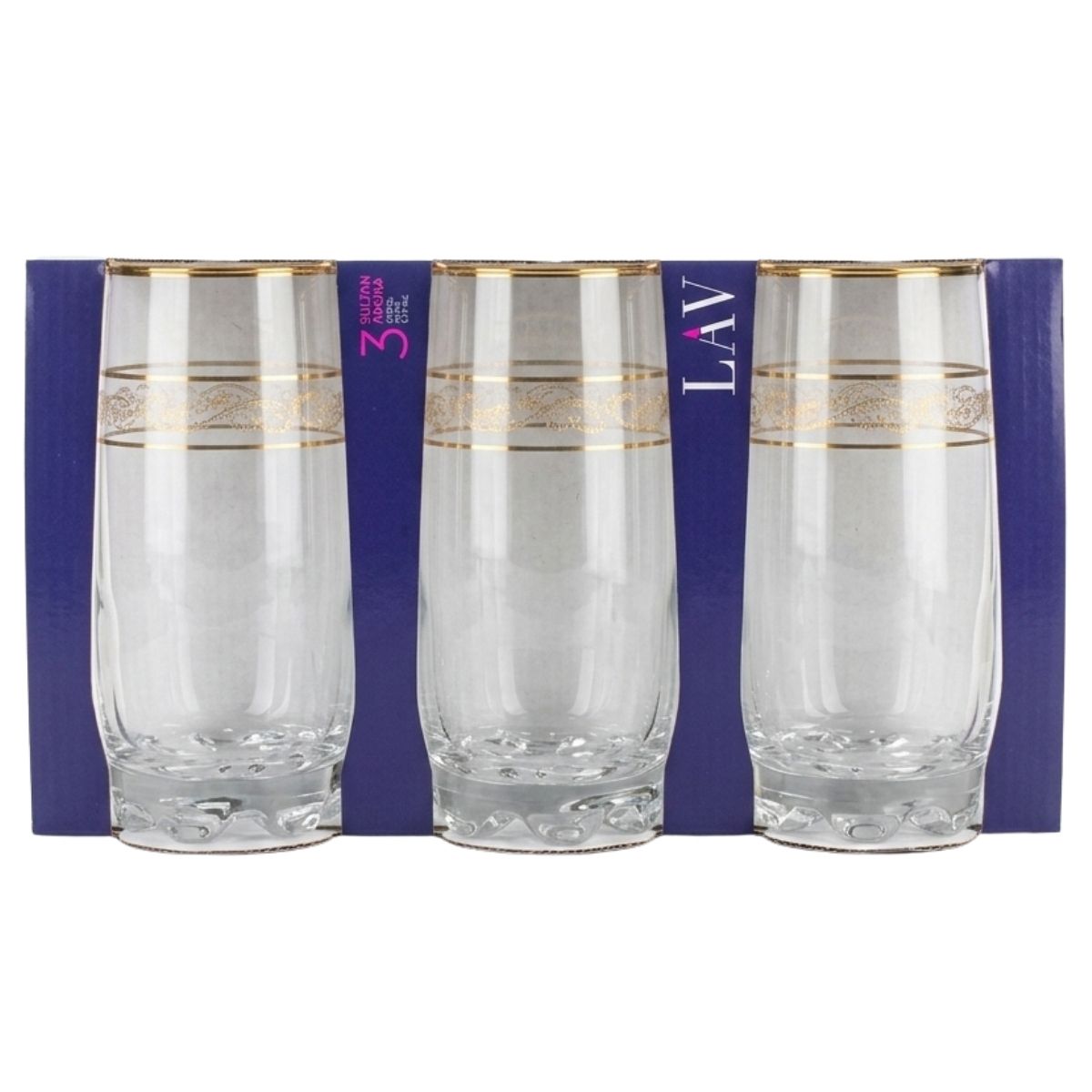 The Lav Sultan Adora Hiball Tumbler Glass 3 Piece Set (390ml each) features three tall clear glasses with gold rims, displayed in a blue and purple box labeled "LAV 3" on the left.
