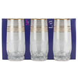The Lav Sultan Adora Hiball Tumbler Glass 3 Piece Set (390ml each) features three tall clear glasses with gold rims, displayed in a blue and purple box labeled "LAV 3" on the left.