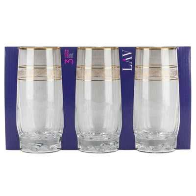 The Lav Sultan Adora Hiball Tumbler Glass 3 Piece Set (390ml each) features three tall clear glasses with gold rims, displayed in a blue and purple box labeled "LAV 3" on the left.