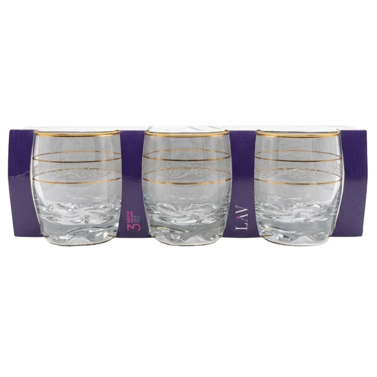 Three 290ml Lav Sultan Adora whisky glasses with gold rims and decorative lines are displayed in front of a purple LAV branded box. Set contains 3 pieces.