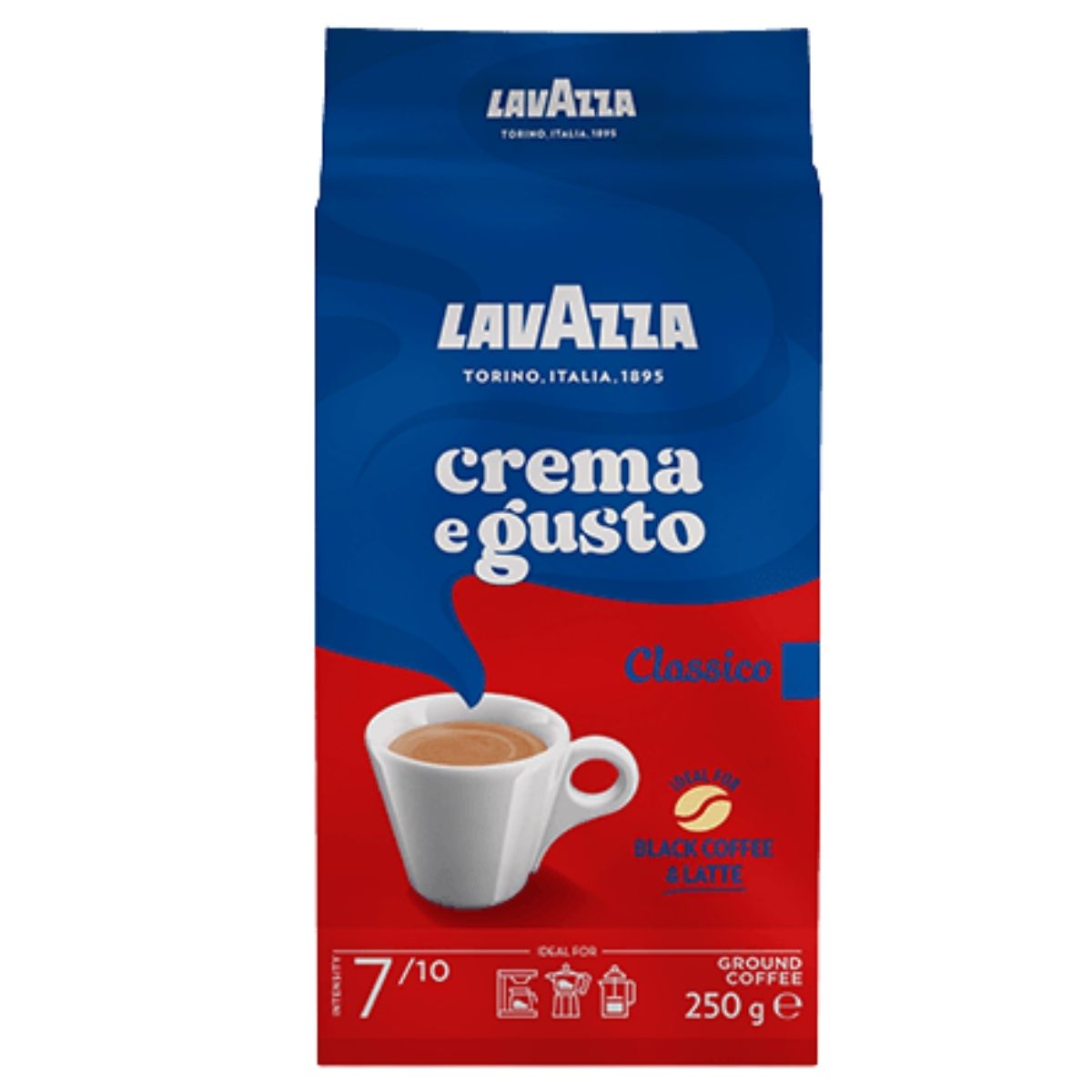 Lavazza Crema e Gusto Classico Roasted Ground Coffee (250g) by Lavazza, with blue and red branding and a white cup of Italian coffee pictured on the front.