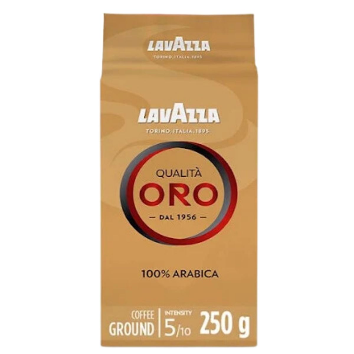 A 250g package of Lavazza - Qualità Oro Ground Coffee, made with 100% Arabica beans and an intensity rating of 5/10.