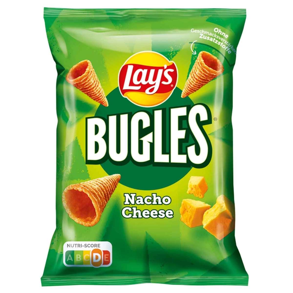 Bag of Lay's Bugles Nacho Cheese Crisps, 75g, showcasing images of Bugles and cheese cubes on a green background. Nutri-Score is prominently displayed at the bottom left, underscoring this irresistible snack choice.