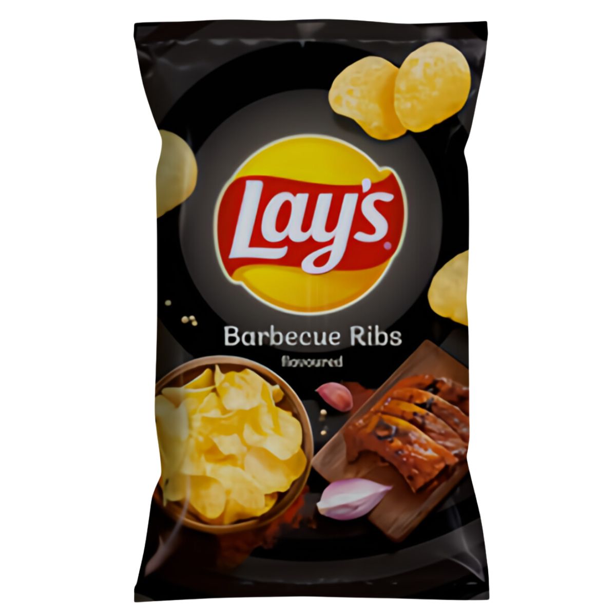 A 130g bag of Lays Barbecue Ribs Flavoured Crisps features images of crisps, ribs, and onions on the packaging, emphasizing their savory flavoring made from vegetable oils.