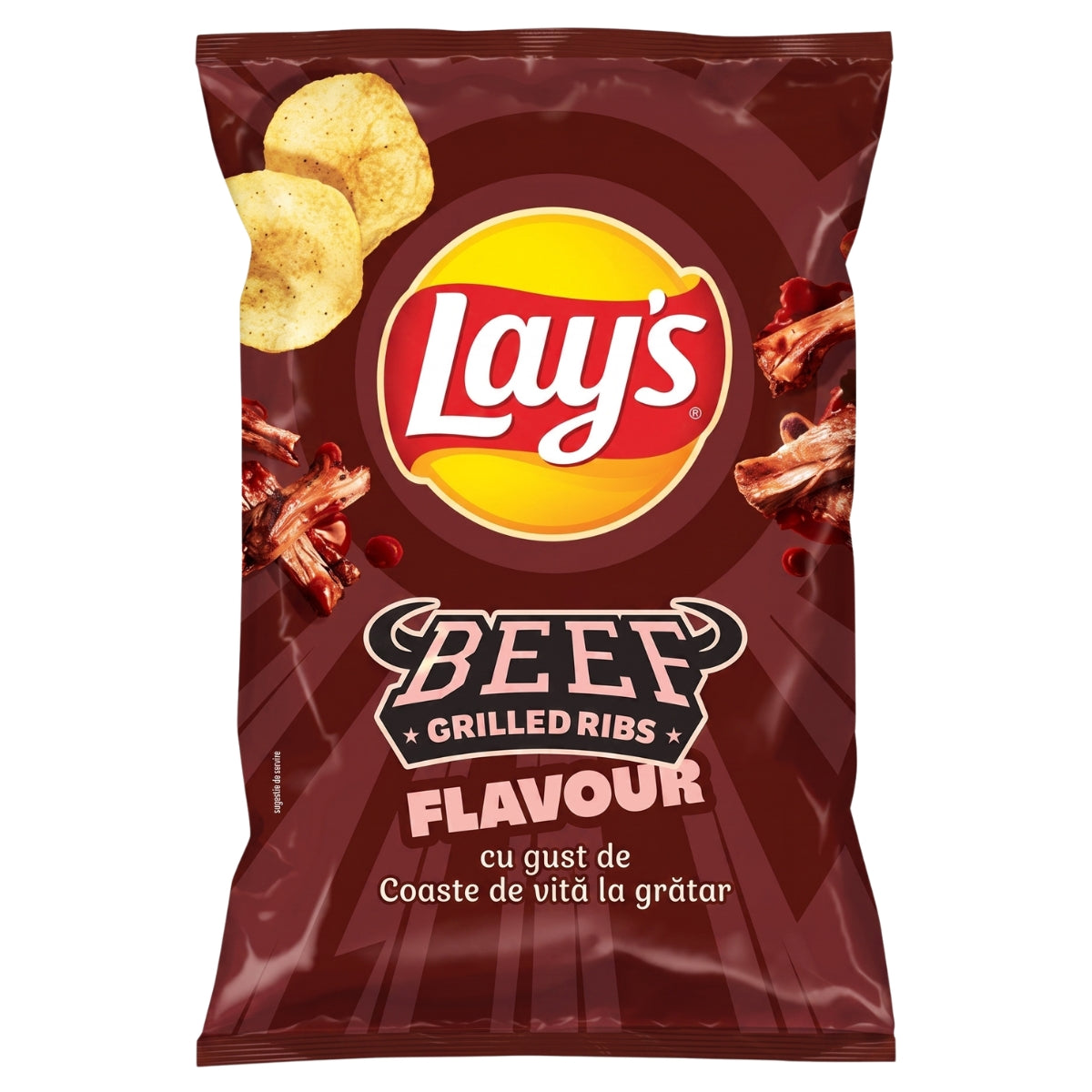 A bag of Lay's Beef Grilled Ribs Flavour potato chips on a plain white background. The packaging is dark brown with the iconic yellow and red Lay's logo in the center, and images of grilled ribs and potato chips on the sides.