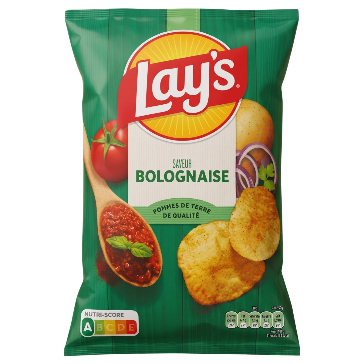A bag of Lay's Bolognese potato chips on a plain white background. The packaging is predominantly green with the red and yellow Lay's logo at the top, and images of cooked tomato sauce, fresh tomatoes, sliced onions, and golden potato chips.
