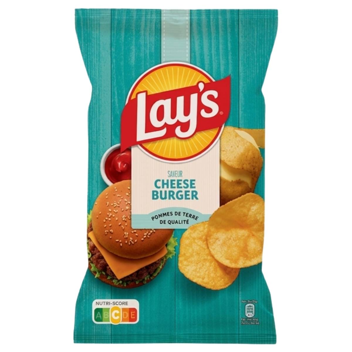 A 120g bag of Lays Cheese Burger Flavoured Crisps, a savoury snack with cheeseburger flavour, featuring imagery of a cheeseburger, potato chips, and ketchup on a teal background.