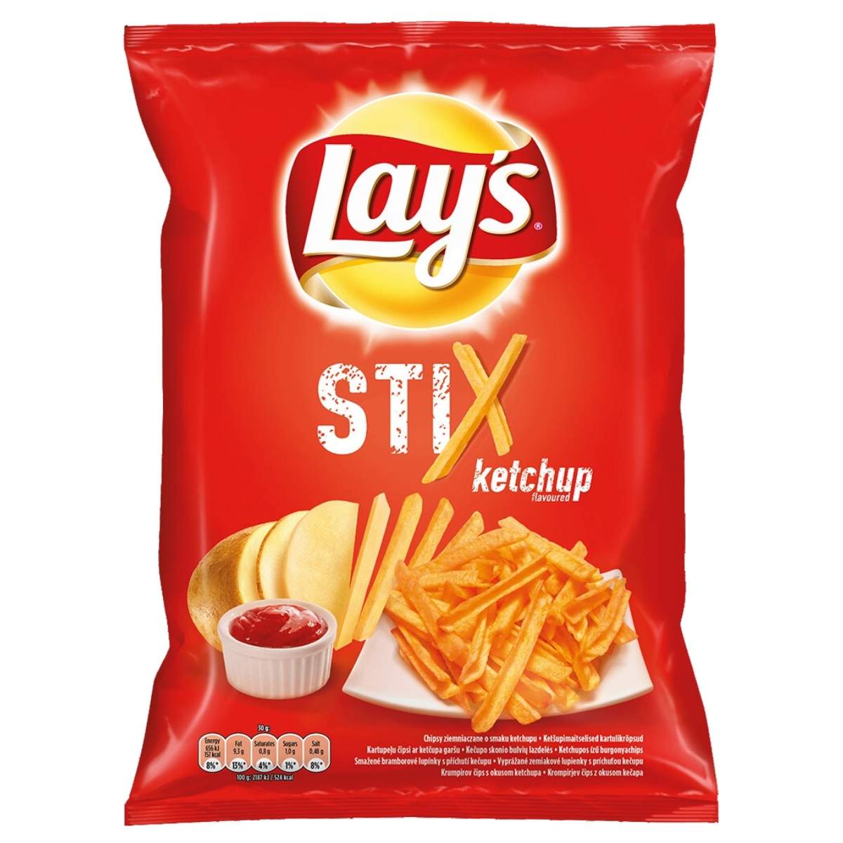 A bag of Lays - Stix Ketchup Flavoured Crisps - 130g features images of fries, dip, and chips on its package, delivering a tangy ketchup flavor in every crispy snack.