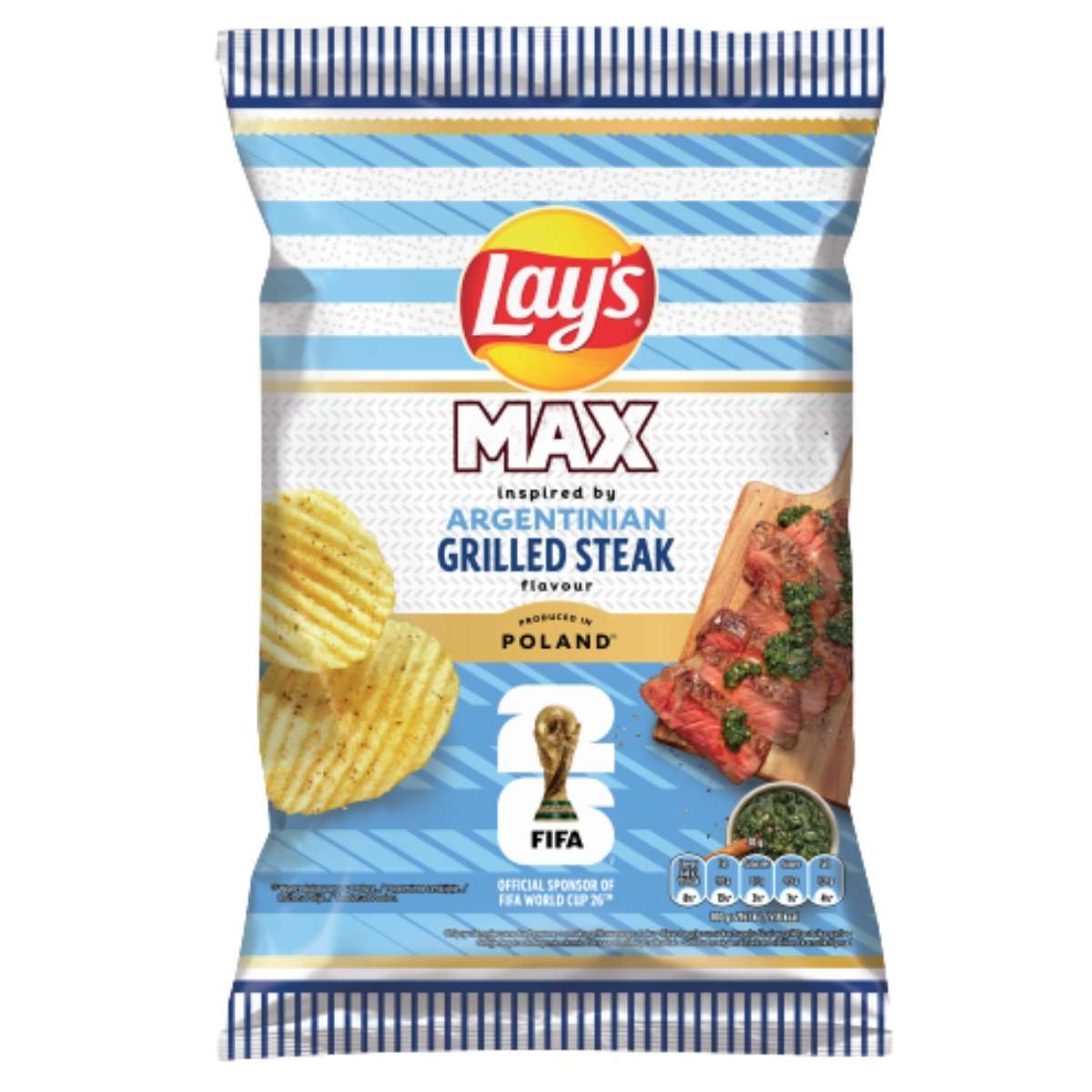 A 120g bag of Lays Max Argentinian Grilled Steak Flavour Crisps, featuring FIFA World Cup branding and a steak image on the packaging.