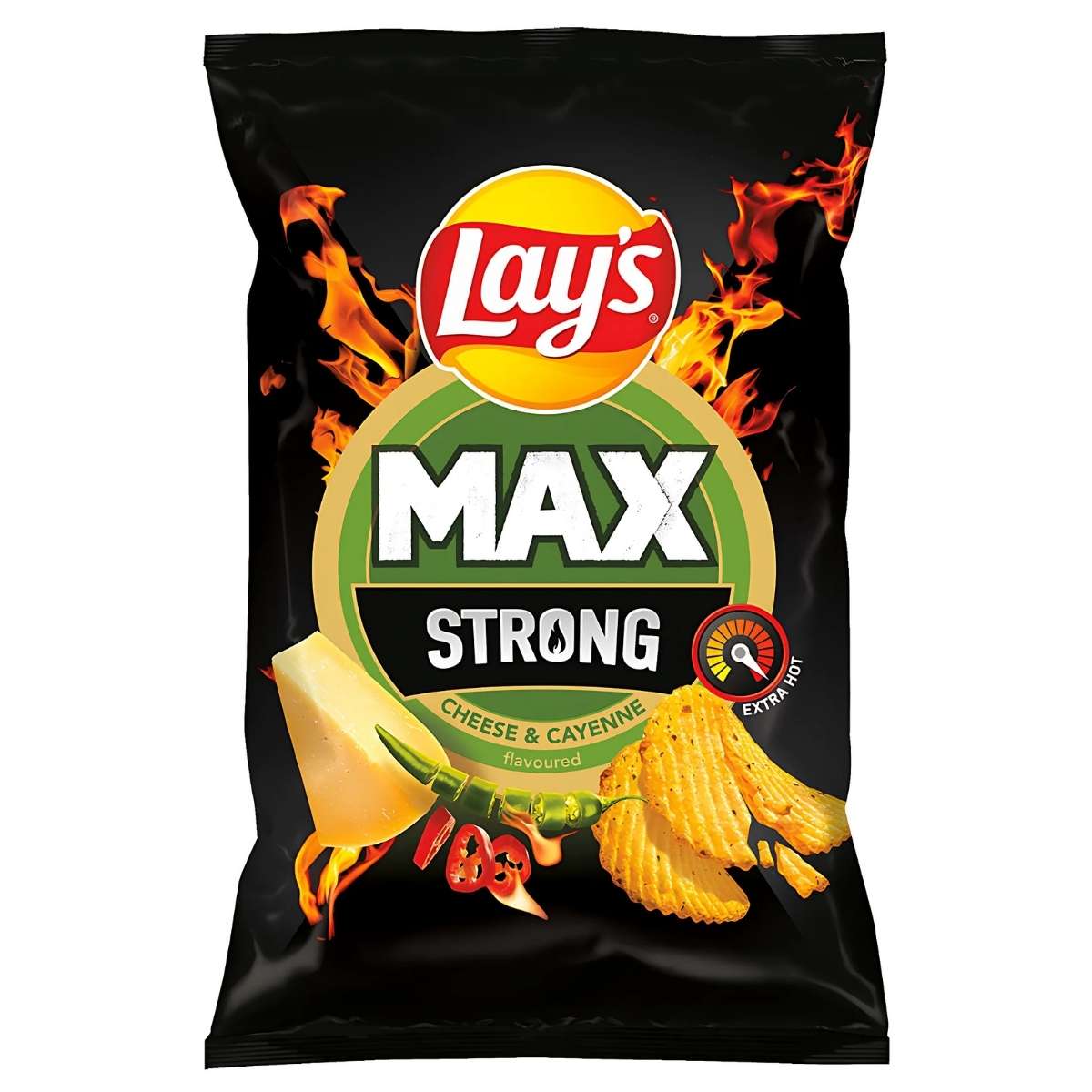 Lay's Max Strong Cheese & Cayenne Chilli Flavoured Crisps (120g) satisfy savoury cravings with their bold, extra hot label. The packaging features fiery flames alongside tempting cheese and pepper images.