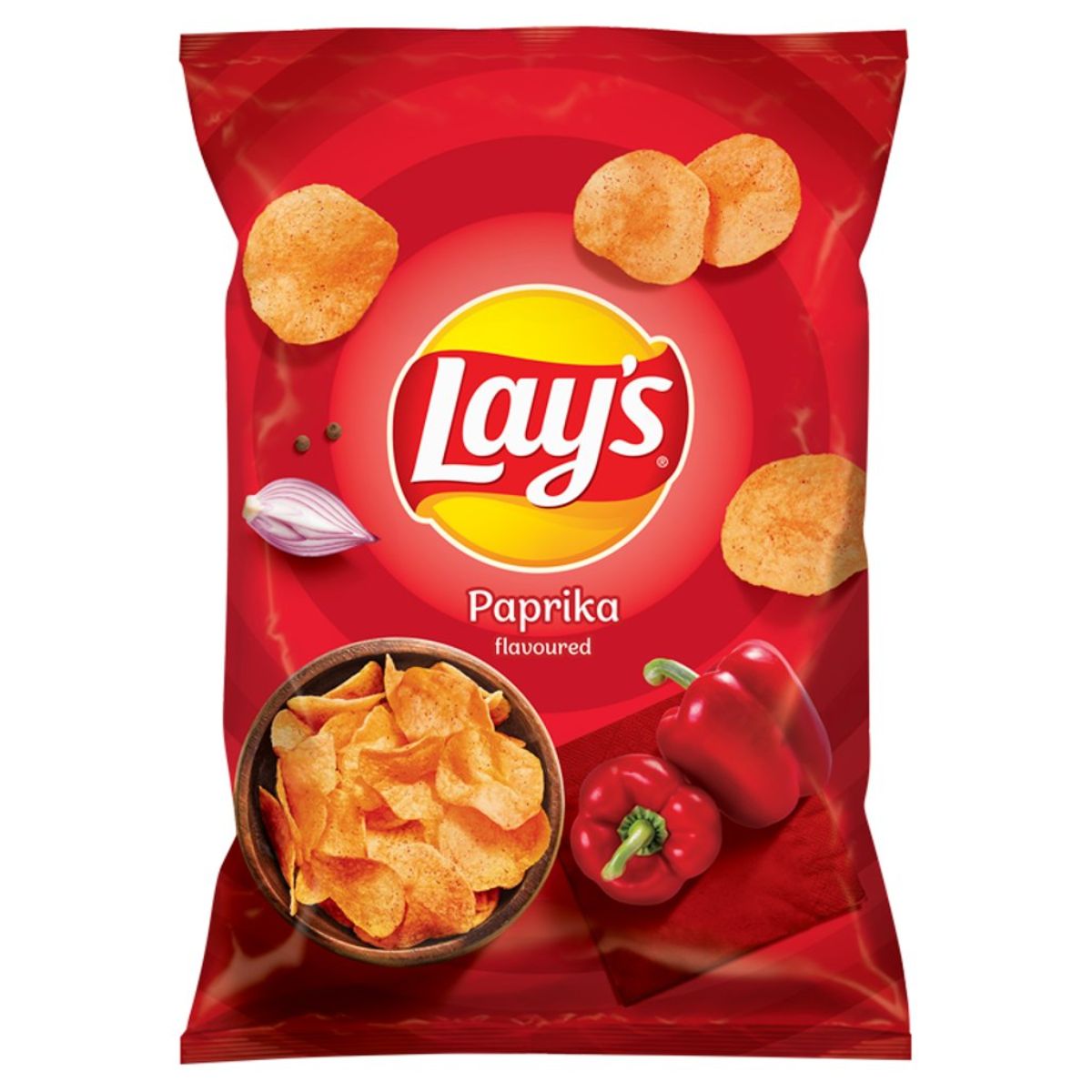 A red bag of Lays - Paprika Flavoured Crisps - 130g showcases enticing images of crispy snacks, featuring chips, red bell peppers, and an onion on the packaging.