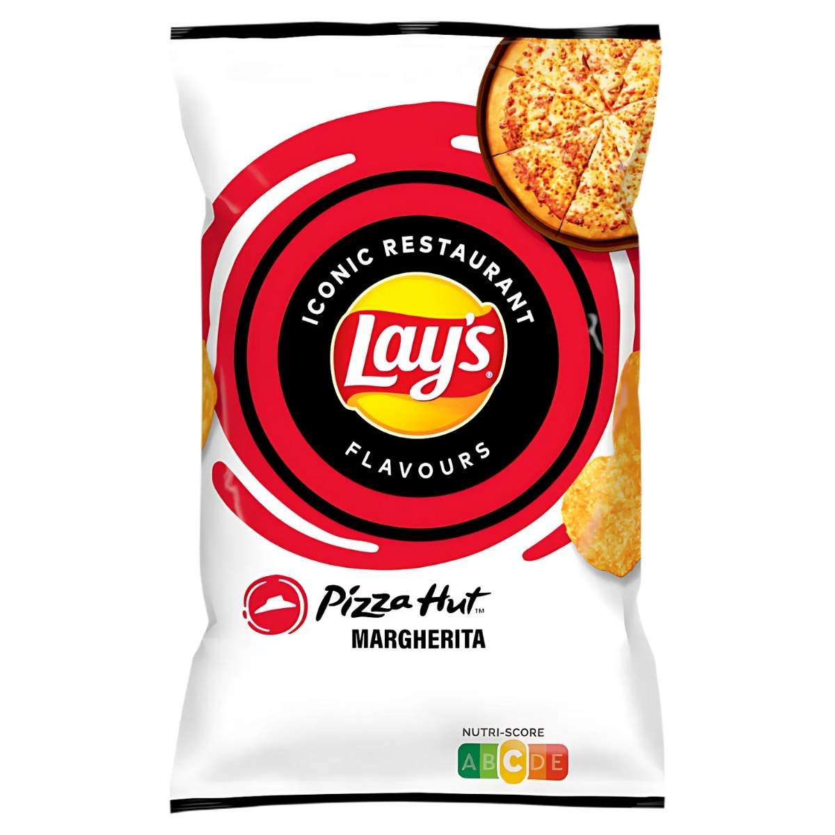 Discover the 150g bag of Lay's Pizza Hut Margherita Crisps, featuring a Nutri-Score label and perfect for on-the-go snacking.