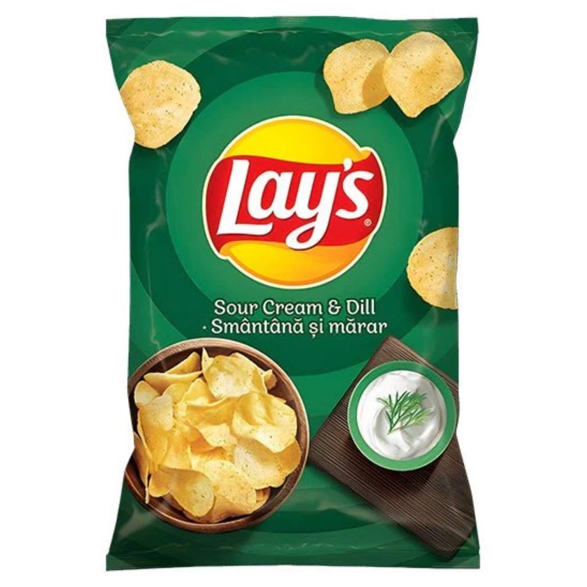 A 125g bag of Lays - Sour Cream & Dill Chips comes in green packaging, showcasing crispy chips next to creamy sour cream with dill. These chips are made from the finest potatoes and cooked in vegetable oils to achieve that perfect crunch.