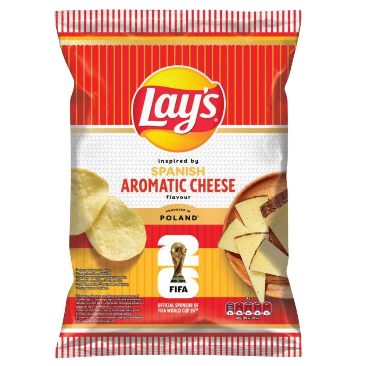 A 130g bag of Lays Spanish Aromatic Cheese Flavour Crisps, featuring images of cheese slices and chips with FIFA World Cup branding on the front.
