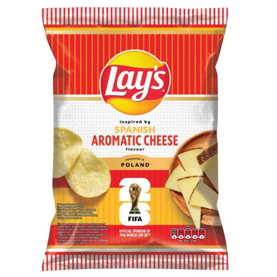 A 130g bag of Lays Spanish Aromatic Cheese Flavour Crisps, featuring images of cheese slices and chips with FIFA World Cup branding on the front.