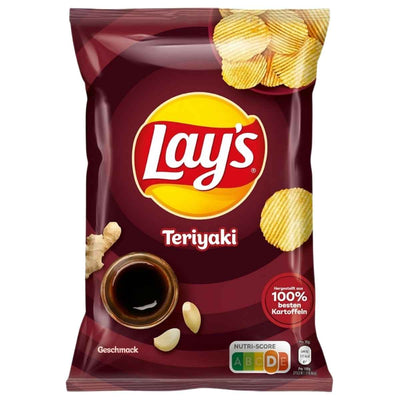 Lay's Teriyaki potato chips packaging with Lay's logo and product details.