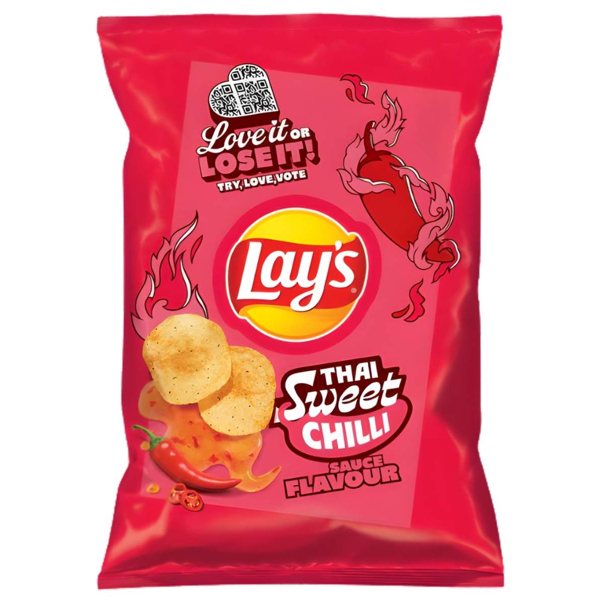 Lays - Thai Sweet Chilli Sauce Flavour Crisps (130g) feature Thai-inspired crisps on vibrant red packaging, with images of chips, chilli peppers, and sauce.