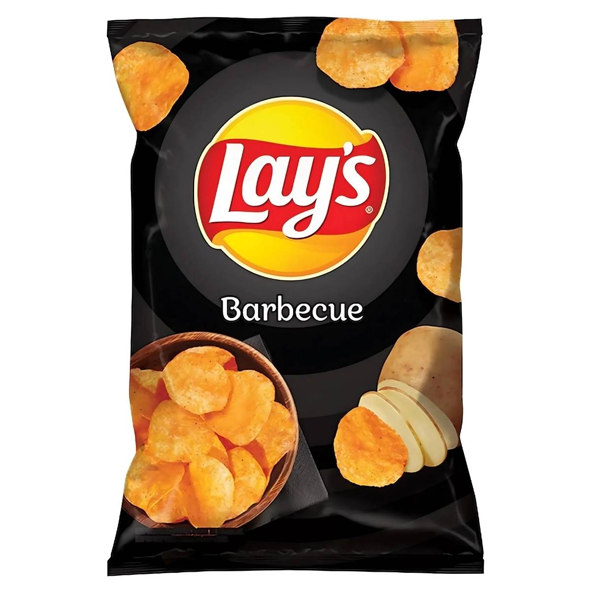 125g bag of Lay's Barbecue Crisps featuring a black background.