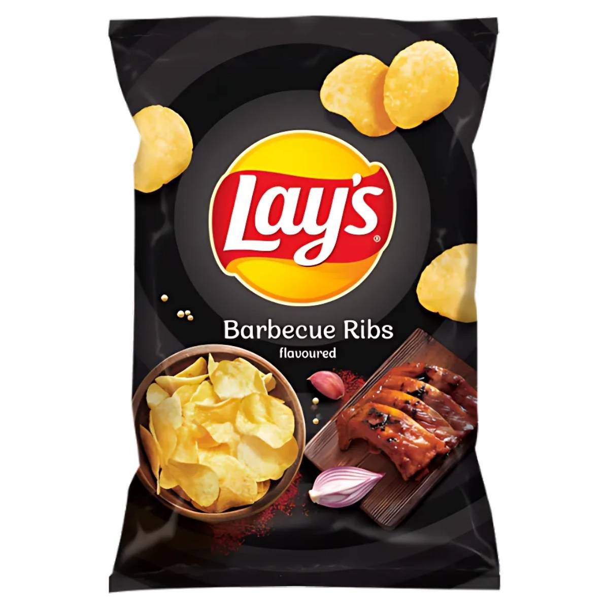 The Lays - Barbecue Ribs Flavoured Crisps 130g bag showcases tantalizing images of crispy potato crisps and ribs on the front, promising a savory experience. Made with premium vegetable oils and flavor enhancers, these crisps deliver a delightful crunch in every bite.