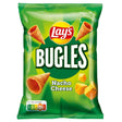 A 75g bag of Lay's Bugles Nacho Cheese Crisps, with images of crunchy corn snacks and cheese cubes on the packaging.