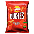 A 75g bag of Lay’s Bugles Paprika Crisps, with cone-shaped chips and red and green peppers pictured on the packaging, showcasing their spicy and savoury flavour.