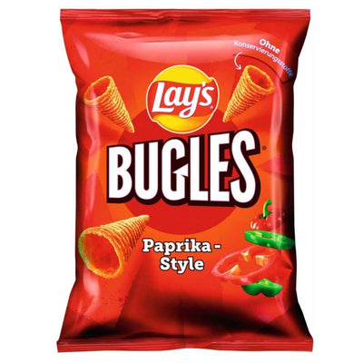A 75g bag of Lay’s Bugles Paprika Crisps, with cone-shaped chips and red and green peppers pictured on the packaging, showcasing their spicy and savoury flavour.