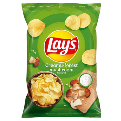 Lays - Creamy Forest Mushroom Crisps (130g) are perfect for any snack time, with packaging showcasing chips, mushrooms, and a dip bowl.