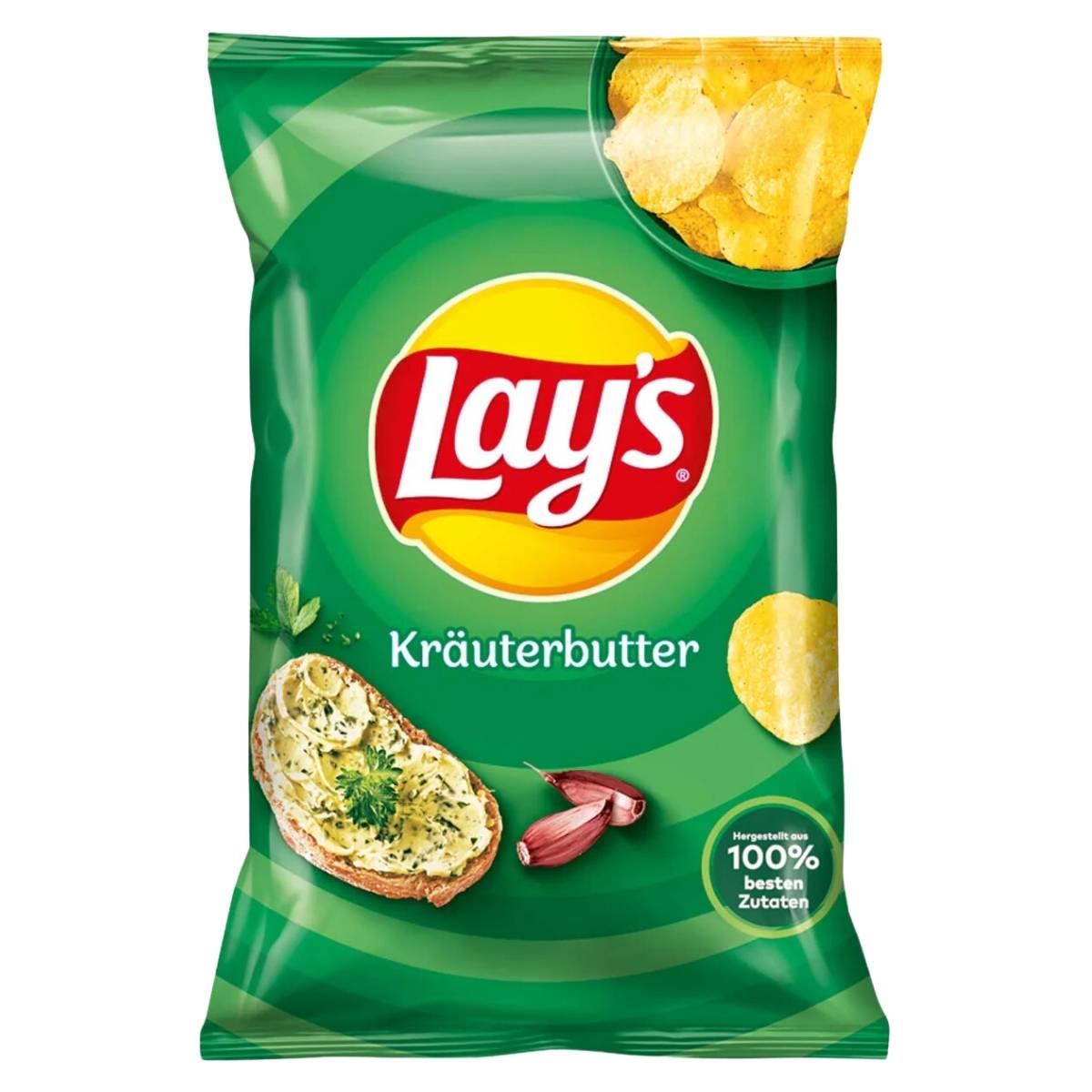 A 150g bag of Lays - Garlic & Herb Butter Crisps features a savory flavor with an image of herb butter spread on bread, adorned with garlic and chips. Every crispy, buttery bite is designed to tantalize your taste buds.