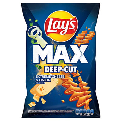 A 120g bag of Lays Max Deep-Cut Extreme Cheese & Onion Crisps, featuring bold cheese and onion flavours with wavy chips for an intense snacking experience.