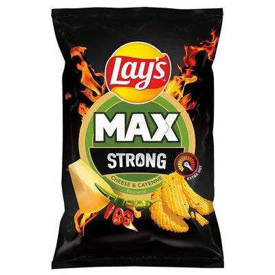 A 120g bag of Lays Max Strong Cheese & Cayenne Chilli Crisps with cheese, chili, and flame graphics on the pack, boldly marked "extra hot.