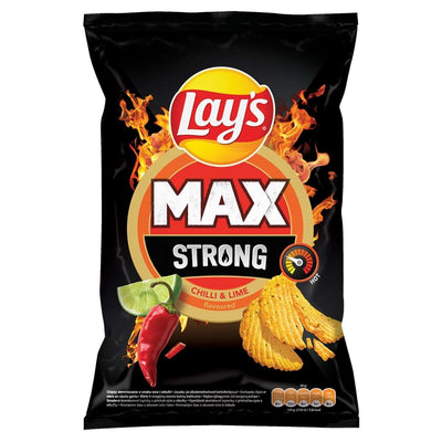 A black 120g bag of Lays Max Strong Chilli & Lime crisps with images of lime, chili, and crinkle-cut chips on a fiery background.
