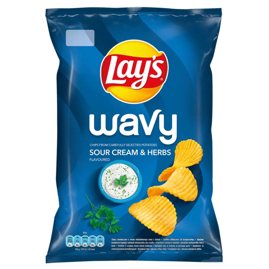 A blue 120g bag of Lays - Max Wavy Sour Cream Crisps, showing ridged chips, sour cream dip, and parsley on the pack—a delicious snack for any time.