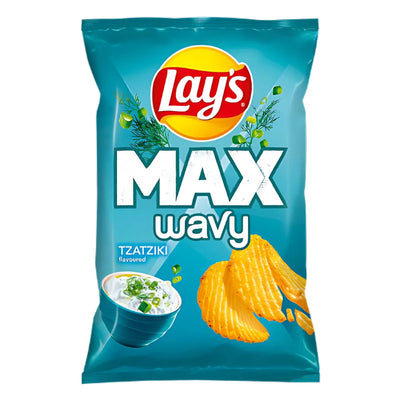 A 120g bag of Lays Max Wavy Tzatziki Crisps offers bold, wavy chips with a tangy tzatziki flavor for a unique snacking experience.