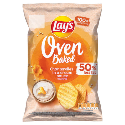 A 110g bag of Lays Oven Baked Chanterelles in Cream Sauce Crisps, featuring 50% less fat, displayed on a beige background with images of chips and dip.