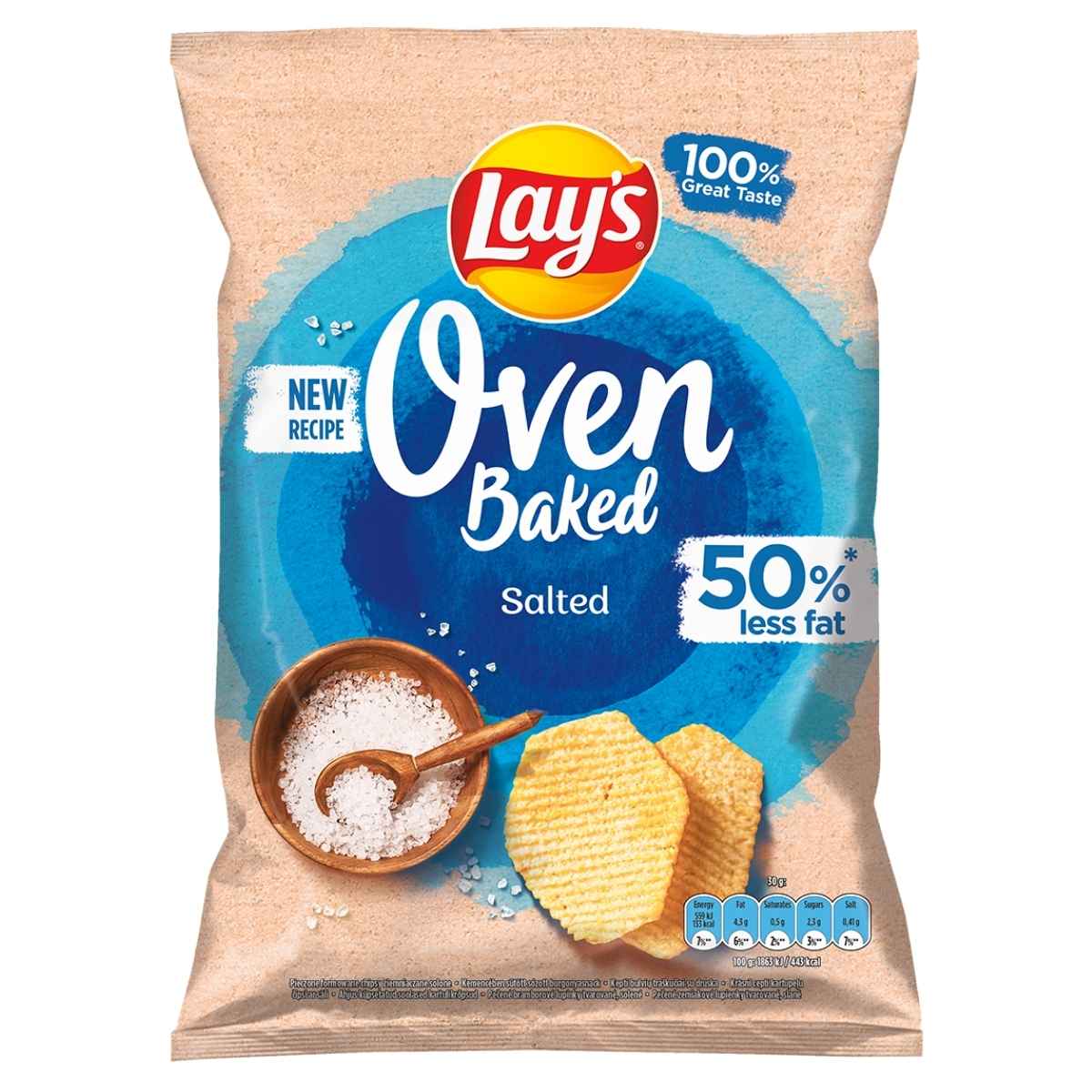 A 110g bag of Lays Oven Baked Salted Crisps features a blue circle design highlighting 50% less fat, ensuring great taste in every bite.