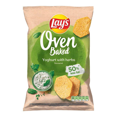 A 110g bag of Lays Oven Baked Yoghurt with Herbs Crisps, featuring a bowl of dip and seasoned herbs on the pack, highlights 50% less fat.