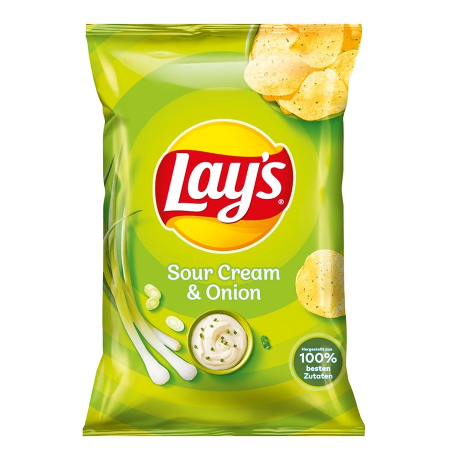 A 150g bag of Lays Sour Cream & Onion Crisps, featuring chips and a green onion with sour cream dip on the green packaging—a classic snack favorite.